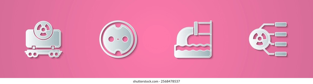 Set paper cut Radioactive cargo train, Electrical outlet, Wastewater and  icon. Paper art style. Vector