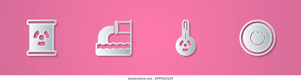 Set paper cut Radioactive waste in barrel, Wastewater, Meteorology thermometer and Power button icon. Paper art style. Vector