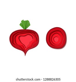 Set of paper cut red beet. Vector paper craft design in the form of ripe beetroot whole and slice. Vector illustration. Paper applique art style root vegetable. Origami concept.