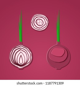 Set of paper cut red bulb onions. Vector paper cut design in the form of half slice onion for design of food packaging. Vector illustration. Paper applique art style vegetable. Origami concept.