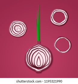 Set of paper cut red bulb onions. Vector paper cut design in the form of half slice onion for design of food packaging. Vector illustration. Paper applique art style vegetable. Origami concept