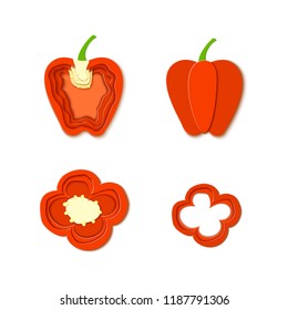 Set of paper cut red pepper. Vector paper cut design in the form of whole and slice pepper for design of food packaging. Vector illustration. Paper art style paprika. Origami concept