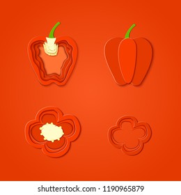 Set of paper cut red pepper. Vector paper cut design in the form of whole and slice pepper for design of food packaging. Vector illustration. Paper art style paprika. Origami concept