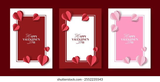 Set of Paper Cut Red Posters Happy Valentine's Day. Vector Illustration. Fashionable Love Cards for Mother's Day, Women's Day. Cute Banners for Party, Menu, Invitation, Birthday, Sale, Social Media.