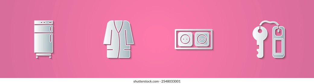 Set paper cut Refrigerator, Bathrobe, Electrical outlet and Hotel door lock key icon. Paper art style. Vector