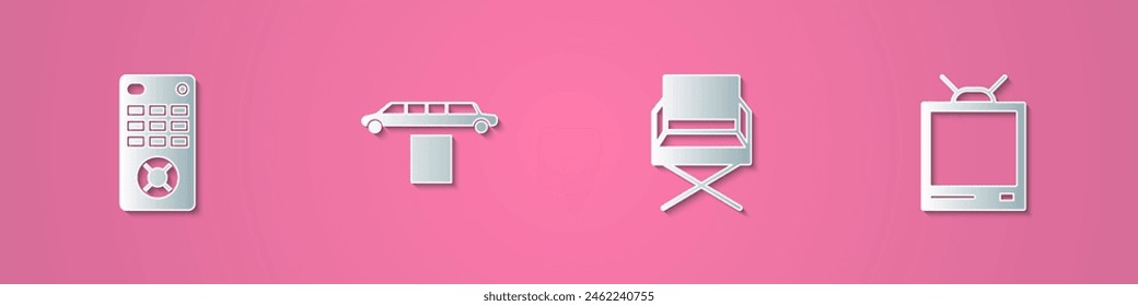 Set paper cut Remote control, Limousine car and carpet, Director movie chair and Retro tv icon. Paper art style. Vector