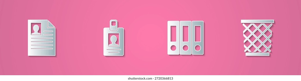 Establecer el currículum de corte de papel, la insignia de Identificación, las carpetas de Office y el ícono de la papelera. Estilo de arte de papel. Vector