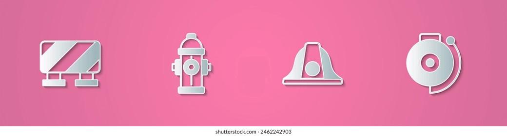 Set paper cut Road barrier, Fire hydrant, Firefighter helmet and Ringing alarm bell icon. Paper art style. Vector