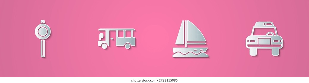 Set paper cut Road traffic signpost, Bus, Yacht sailboat and Police car and flasher icon. Paper art style. Vector