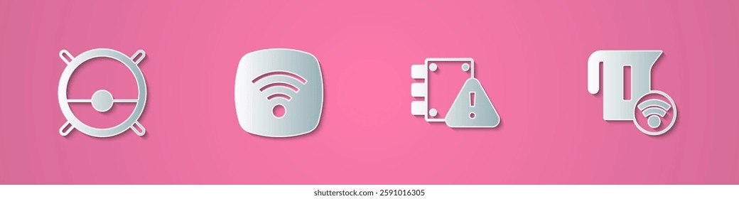 Set paper cut Robot vacuum cleaner, Wi-Fi wireless internet network, House under protection and Smart electric kettle icon. Paper art style. Vector