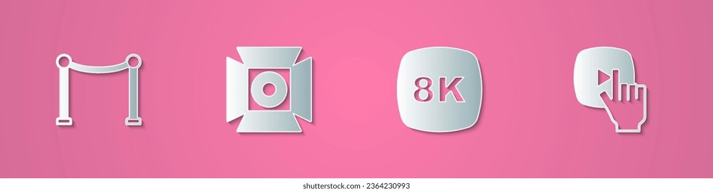 Establece la barrera de corte de papel Rope, el foco de la película, 8 k Ultra HD y el icono de video de reproducción en línea. Estilo de arte de papel. Vector