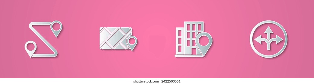 Establecer la ubicación de la ruta de corte de papel, la navegación del mapa de la ciudad, la ubicación con el símbolo de tráfico de la casa y la carretera. Estilo de arte de papel. Vector