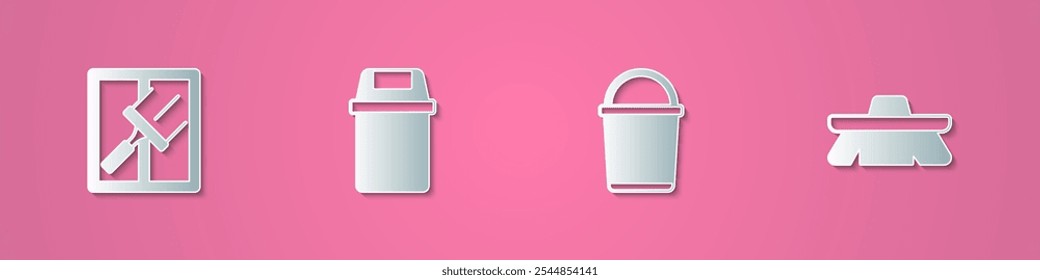 Set paper cut Rubber cleaner for windows, Trash can, Bucket and Brush cleaning icon. Paper art style. Vector