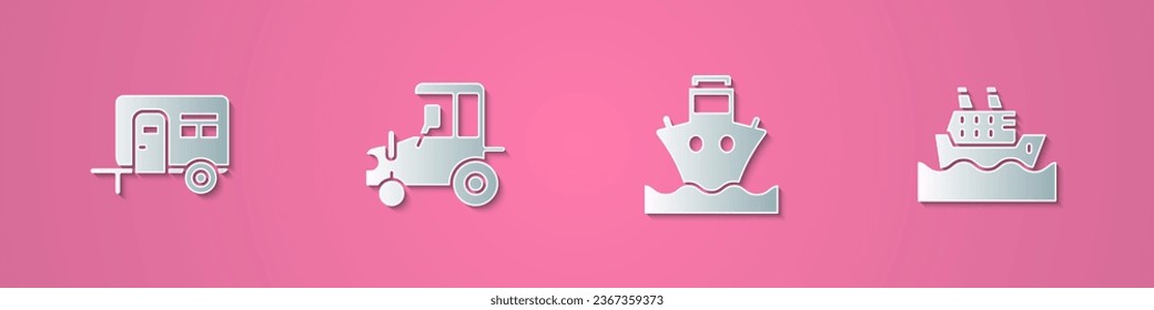 Set paper cut Rv Camping trailer, Tractor, Cargo ship and Cruise icon. Paper art style. Vector