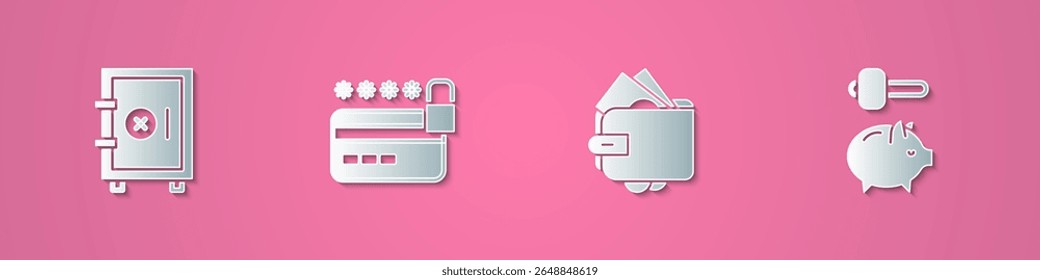 Set paper cut Safe, Credit card with lock, Wallet money and Piggy bank and hammer icon. Paper art style. Vector
