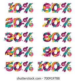 Set of paper cut sale percent signs. Discount 3d isolated on white background. Vector illustration.