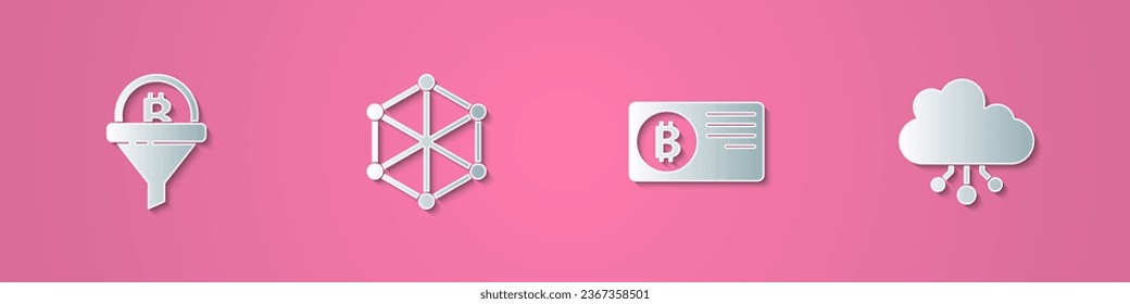 Set paper cut Sales funnel with bitcoin, Blockchain technology, Credit card and Cryptocurrency cloud mining icon. Paper art style. Vector