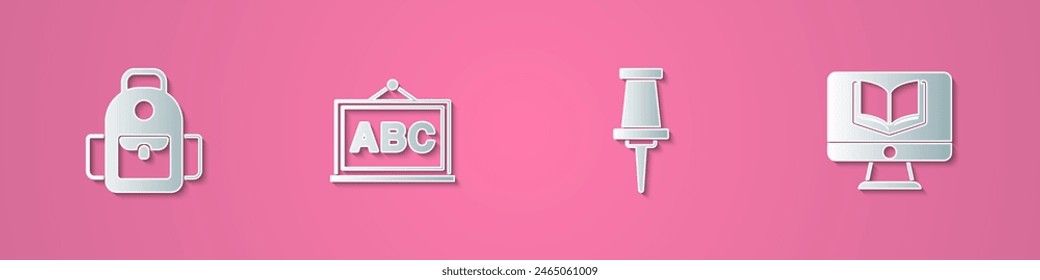 Set paper cut School backpack, Chalkboard, Push pin and Online class icon. Paper art style. Vector