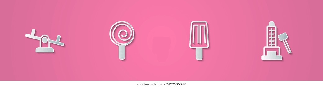 Set paper cut Seesaw, Lollipop, Ice cream and Striker attraction with hammer icon. Paper art style. Vector