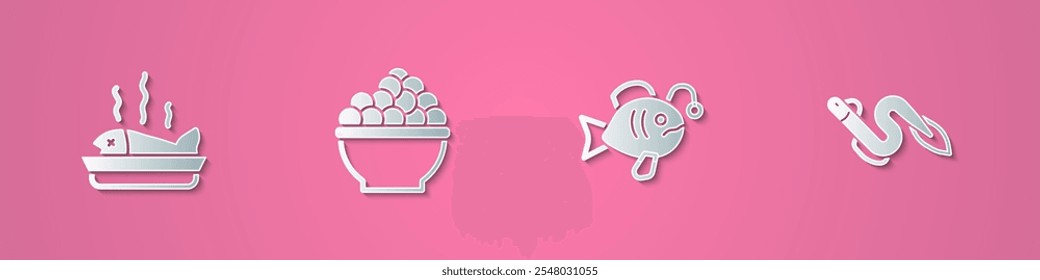 Set paper cut Served fish on a plate, Caviar, Tropical and Eel icon. Paper art style. Vector