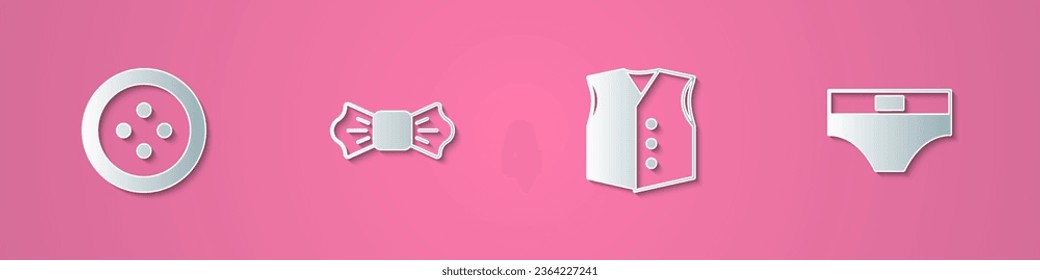 Set paper cut Sewing button for clothes, Bow tie, Waistcoat and Men underpants icon. Paper art style. Vector