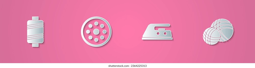 Set paper cut Sewing thread, button, Electric iron and Yarn ball icon. Paper art style. Vector