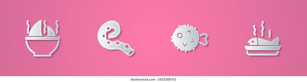 Set paper cut Shark fin soup, Octopus of tentacle, Fish hedgehog and Served fish on plate icon. Paper art style. Vector