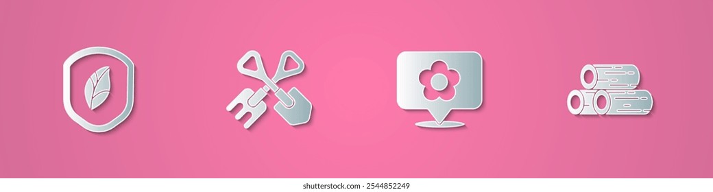 Set paper cut Shield with leaf, Shovel and rake, Location flower and Wooden logs icon. Paper art style. Vector