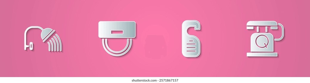 Set paper cut Shower head, Bellboy hat, Please do not disturb and Telephone handset icon. Paper art style. Vector