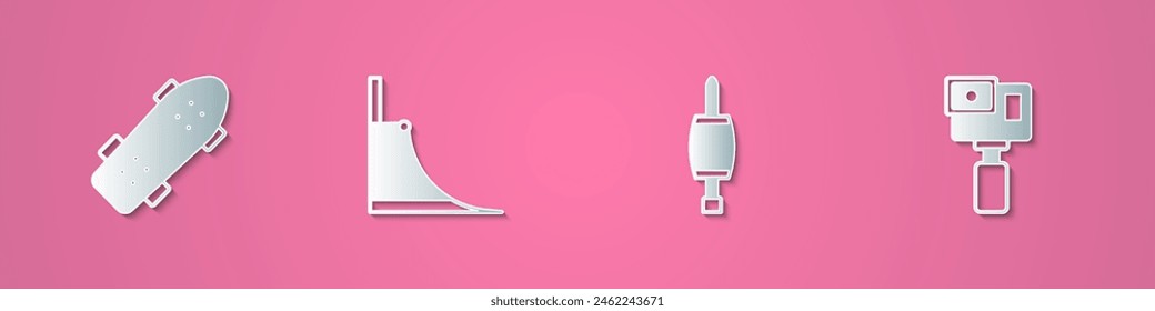 Set paper cut Skateboard, park, Screwdriver and Action camera icon. Paper art style. Vector
