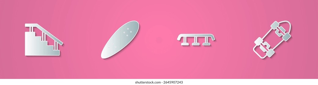 Set paper cut Skateboard stairs with rail, Longboard or skateboard,  and  icon. Paper art style. Vector