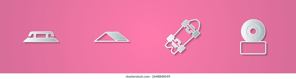 Set paper cut Skateboard stairs with rail, park, Longboard or skateboard and wheel icon. Paper art style. Vector
