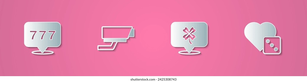 Set paper cut Slot machine with jackpot, Security camera, Casino slot clover and Game dice icon. Paper art style. Vector