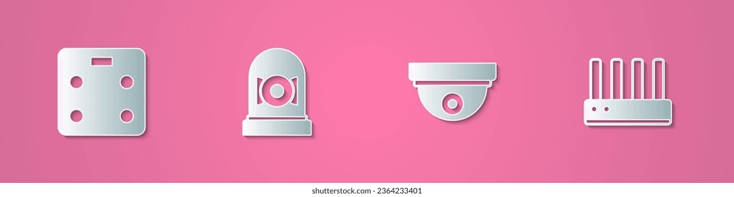 Set paper cut Smart bathroom scales, Ringing alarm bell, Motion sensor and Router and wi-fi signal icon. Paper art style. Vector