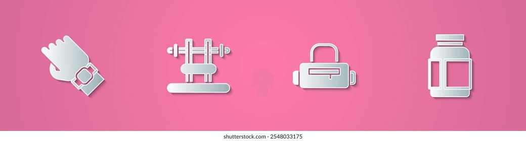 Set paper cut Smart watch on hand, Bench with barbel, Sport bag and Sports nutrition icon. Paper art style. Vector