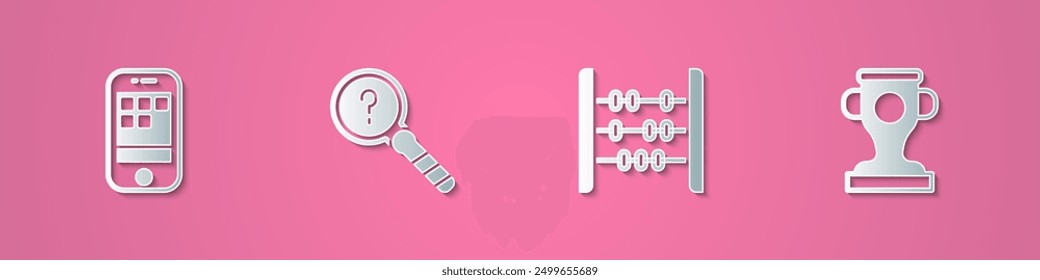 Set paper cut Smartphone, Unknown search, Abacus and Award cup icon. Paper art style. Vector