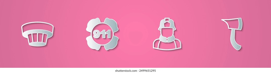 Set paper cut Smoke alarm system, Emergency call 911, Firefighter and axe icon. Paper art style. Vector