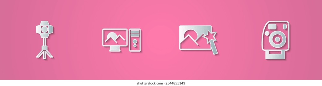 Set paper cut Softbox light, Photo retouching,  and camera icon. Paper art style. Vector