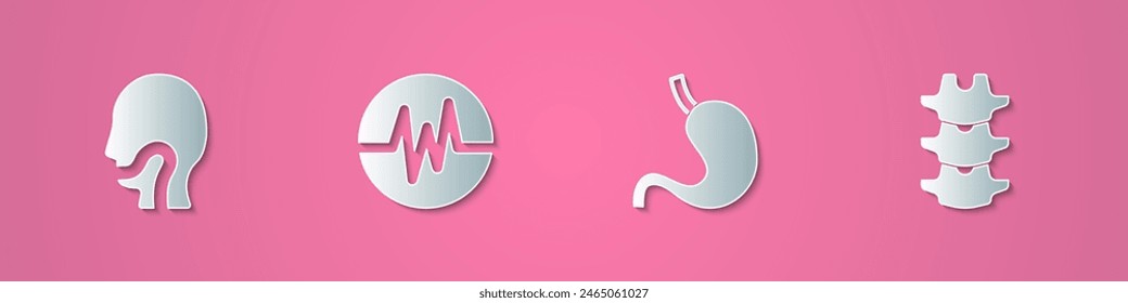 Set paper cut Sore throat, Heart rate, Human stomach and spine icon. Paper art style. Vector