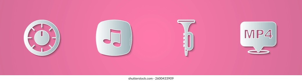 Set paper cut Sound mixer controller, Music note, tone, Trumpet and MP4 file document icon. Paper art style. Vector