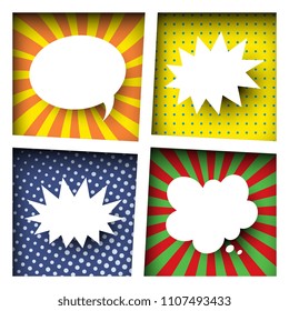 set of paper cut speech and explosion bubbles, thought clouds with smooth shadows in colorful boxes with radial lines  and halftone dots in pop art style