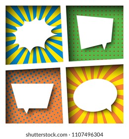 set of paper cut speech and explosion bubbles with smooth shadows in colorful boxes with radial lines  and halftone dots in pop art style