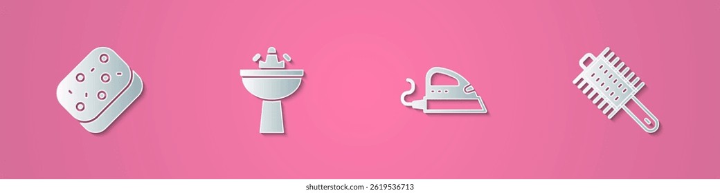 Set paper cut Sponge, Washbasin with water tap, Electric iron and Hairbrush icon. Paper art style. Vector