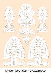 Set of paper cut spring, summer symbols decorative trees in white color isolated on beige background Traditional Belarusian, Polish paper clippings make with scissors. Hand made. Vector illustration