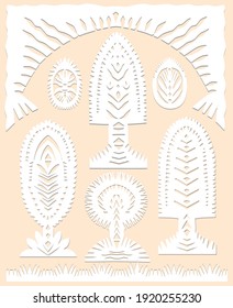 Set of paper cut spring, summer symbols decorative trees in white color isolated on beige background Traditional Belarusian, Polish paper clippings make with scissors. Hand made. Vector illustration