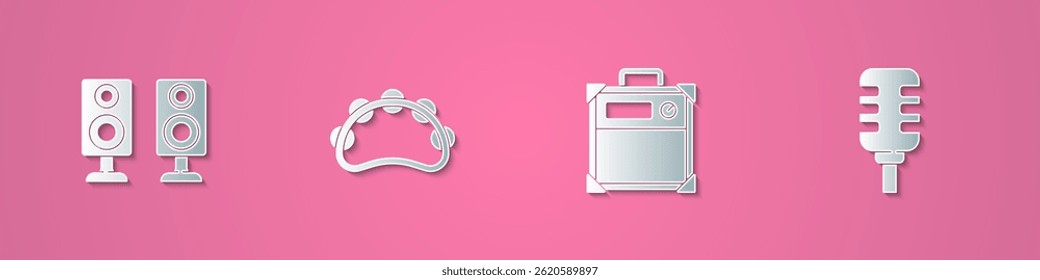 Set paper cut Stereo speaker, Tambourine, Guitar amplifier and Microphone icon. Paper art style. Vector