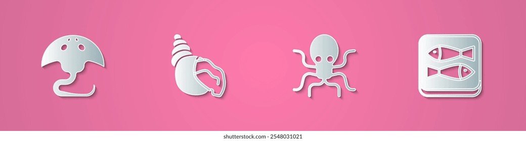 Conjunto de papel cortado Stingray, concha de mar de vieira, pulpo y pescado enlatado icono. Estilo de arte de papel. Vector