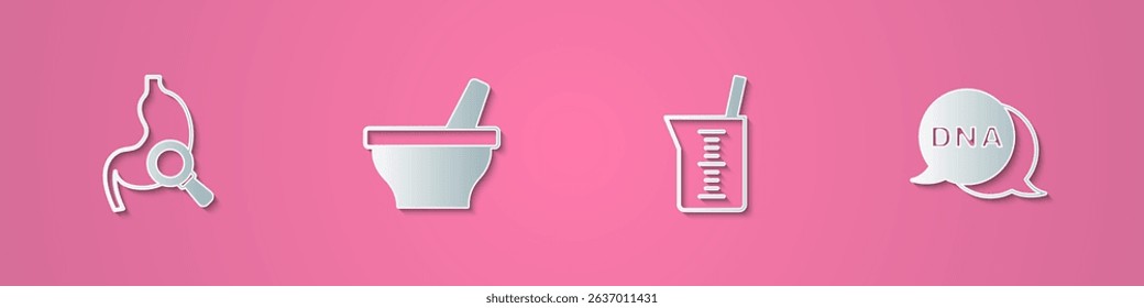 Set paper cut Stomach with magnifying glass, Mortar and pestle, Laboratory glassware beaker and DNA symbol icon. Paper art style. Vector