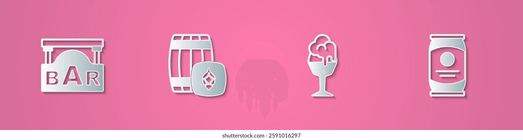 Set paper cut Street signboard with Bar, Wooden barrel, Glass of beer and Beer can icon. Paper art style. Vector