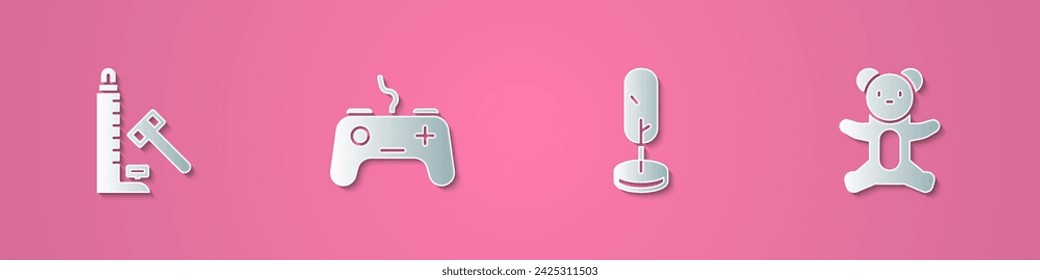 Set paper cut Striker attraction with hammer, Gamepad, Tree and Teddy bear plush toy icon. Paper art style. Vector